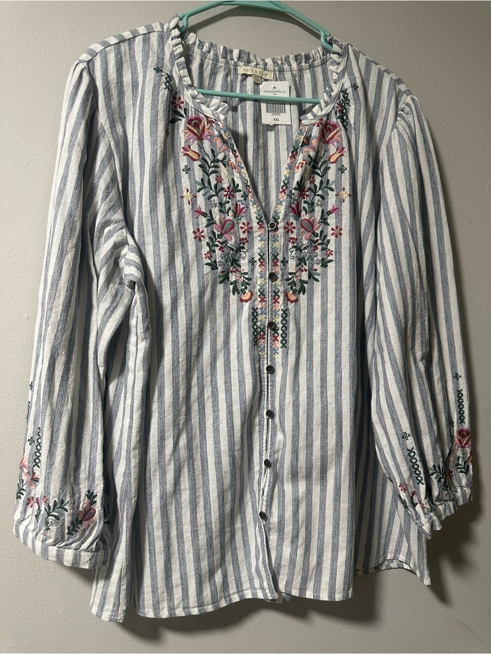 Kate & Sam Embroidered Floral
Striped Button Front Boho